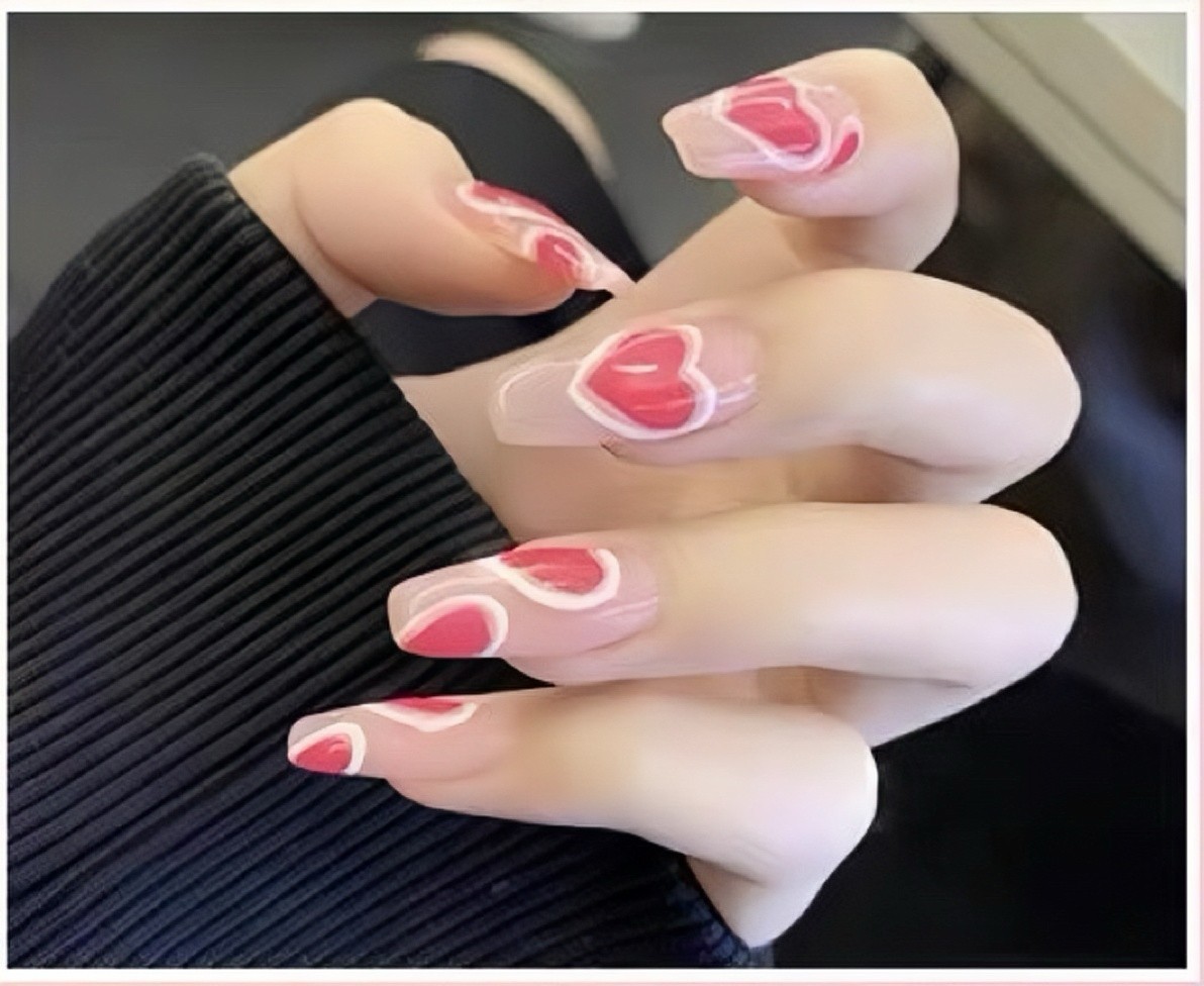 Pink Heart Press On Nails Long Coffin Fake Acrylic Nail Set 10pcs with Glue Kit