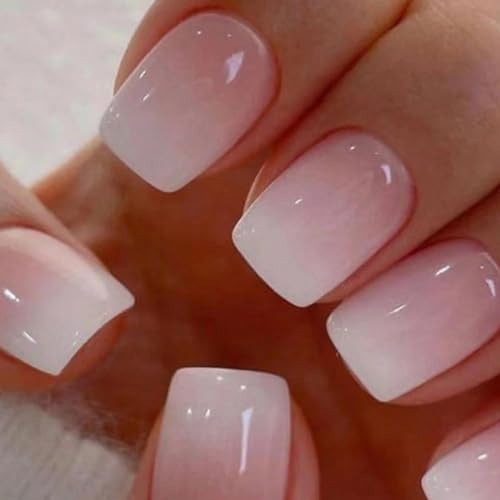 Pink Ombre Press on Nails Short Square Fake Nails with Nude White Gradient