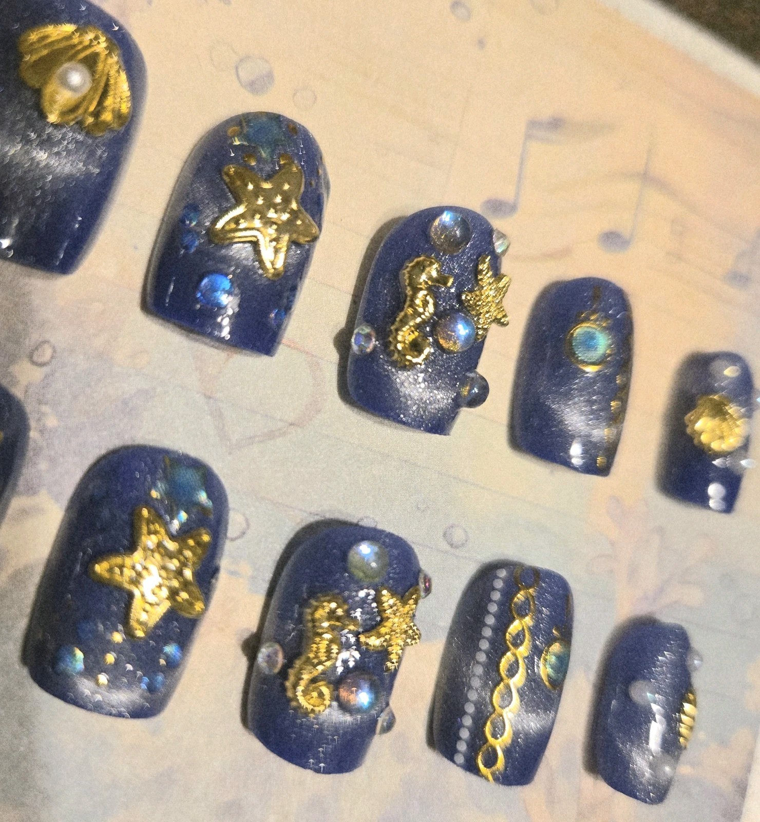 Blue Gold Beach Press On Nails Seahorse Shells Starfish Pearls Bubbles Decorated
