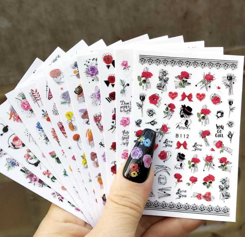 12 Sheets 3D Nail Art Sticker Rose Flower Heart Floral Decals Manicure DIY NS33