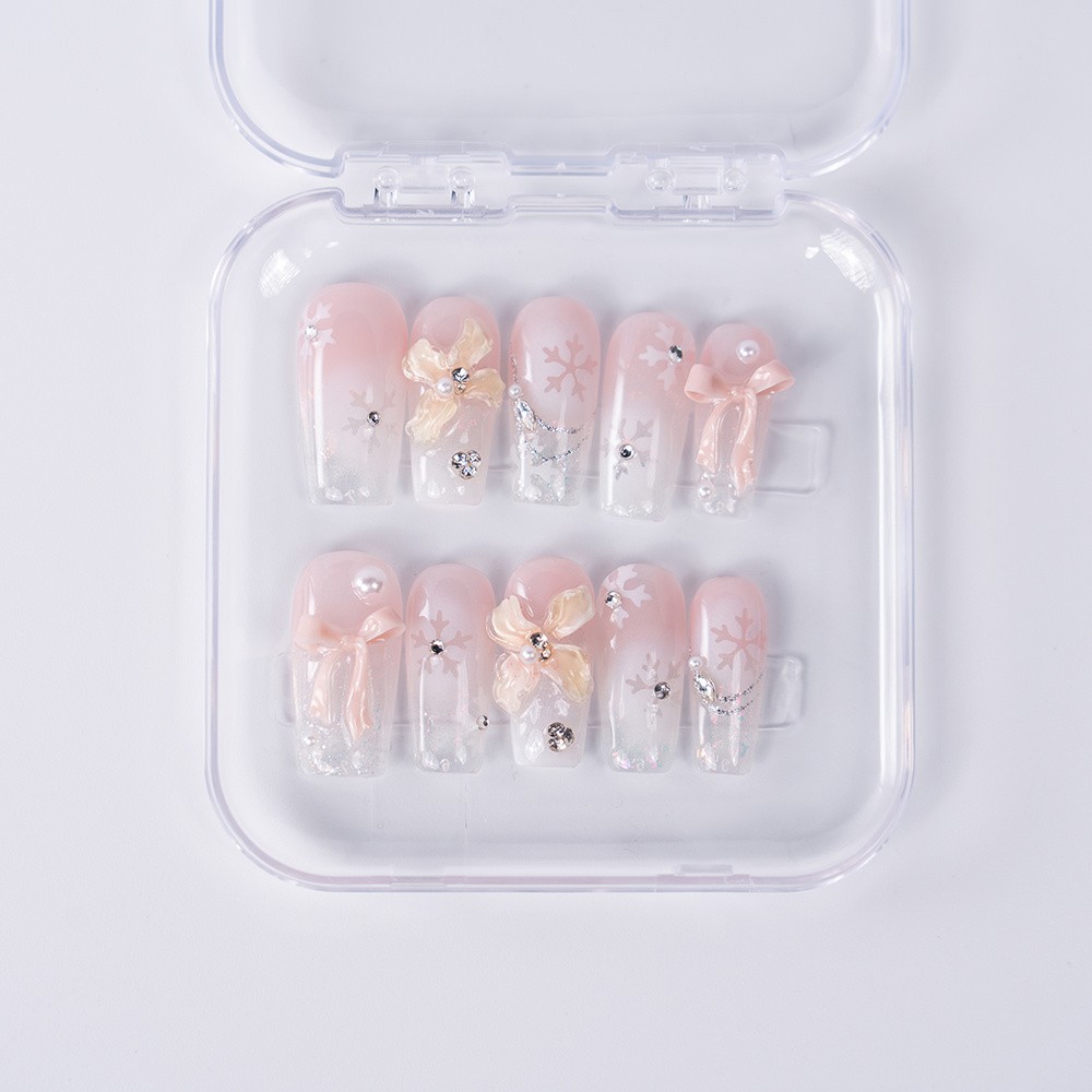 Handmade High Quality Snowflake Press On Nails Pink Bow Pearl Glitter Fake Nails