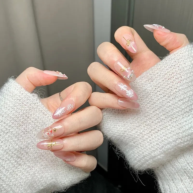 Christmas Style Elegant Press on Nails Red Green Shiny Diamond Bell Snowflake De