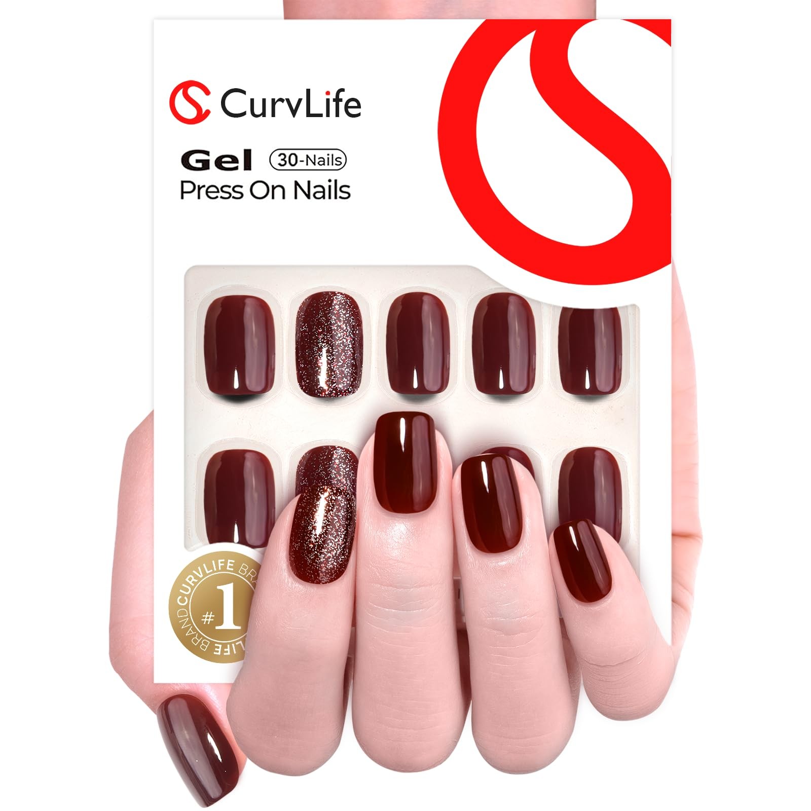 30pcs Press on Nails, Short Square Acrylic Fake Nails with Wine Red Glitte Ap…