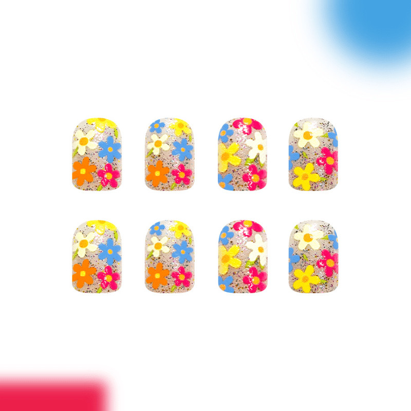 48Pcs-Short Square Silver Glitter Base Colorful Mini Daisy Floral Press on Nails