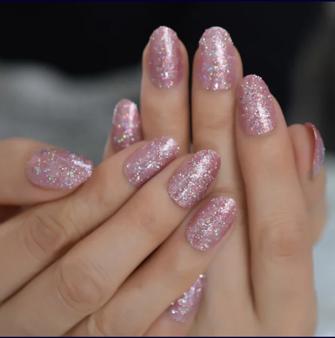 24 Short Press on nails kit w glue rose gold pink almond glitter