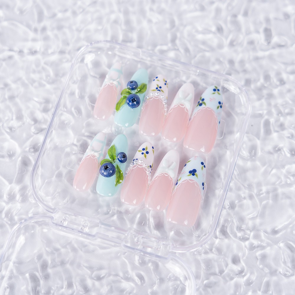10pcs Pink Mint Square Nails 3D Blueberry Lace Bow Summer Picnic Cute