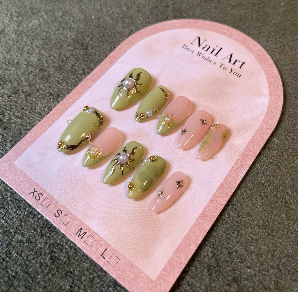 Almond Medium Press-On Nails Green Pink Gold Star Theme 3D Shiny Full Cover Set