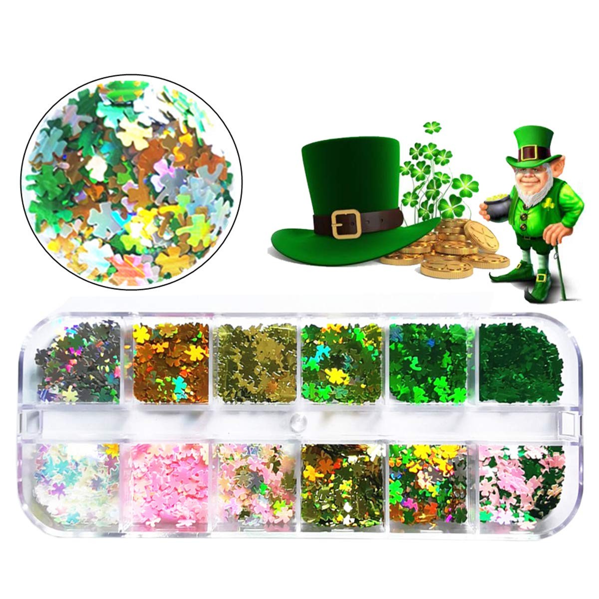 St. Patrick’s Day Nail Art Glitters Green Clover Flakes Nail Sequins 3D Shamr…