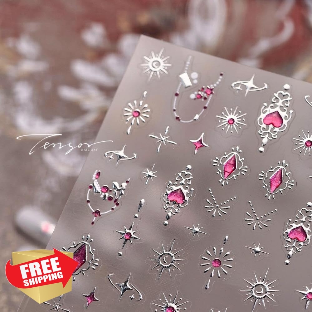 Sevgob Silver Star Hot Pink Heart Nail Stickers 1 Sheet