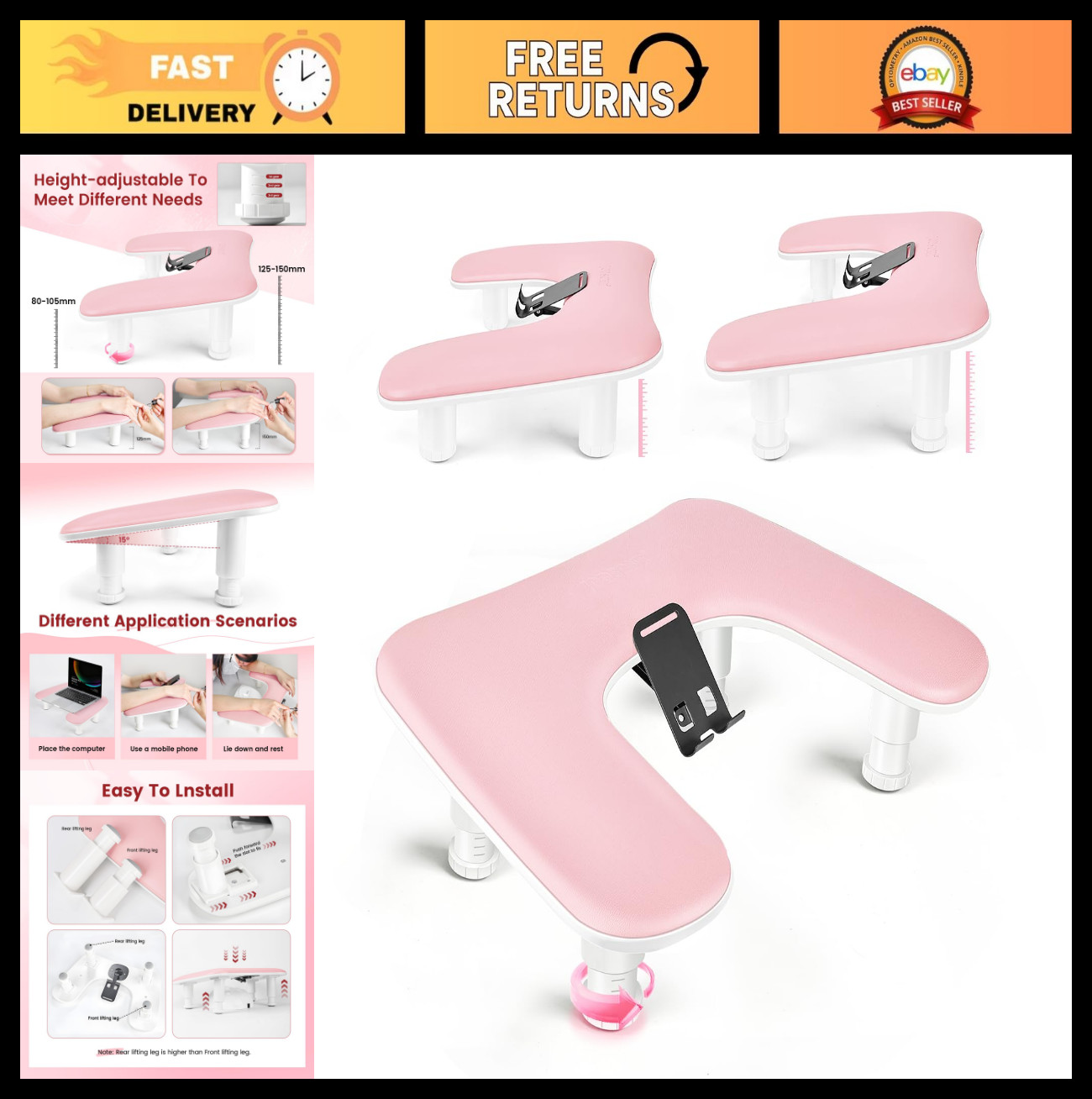 Pink U-Shaped Manicure Arm Rest with 360° Phone Holder & Adjustable Hand Support