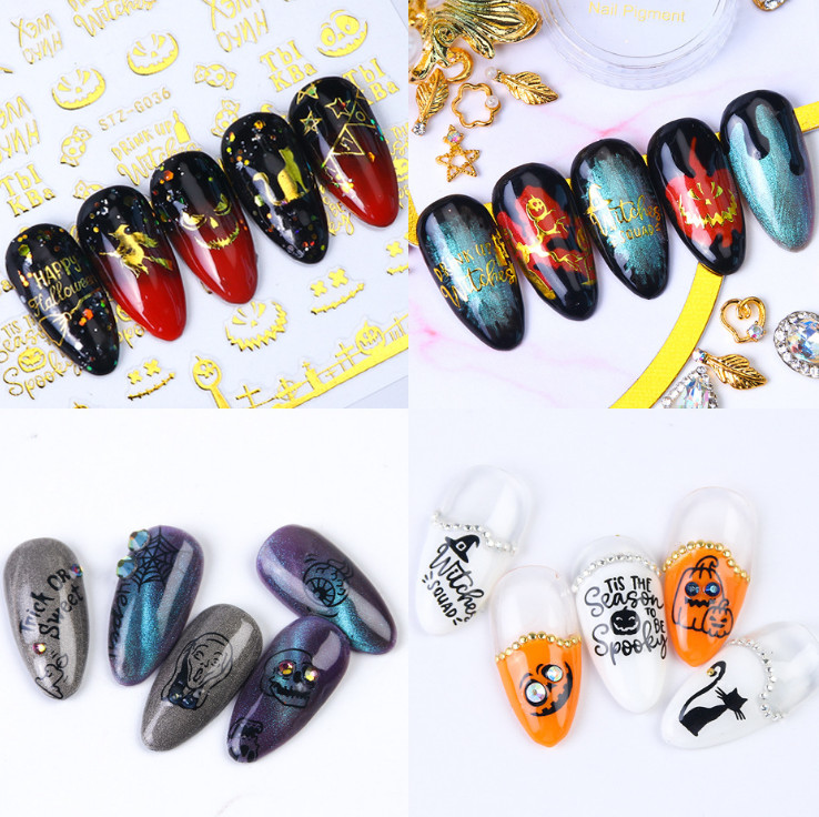 Nail Stickers Halloween Cross Bat Witch Pumpkin Skull Spider Decal DIY NH15