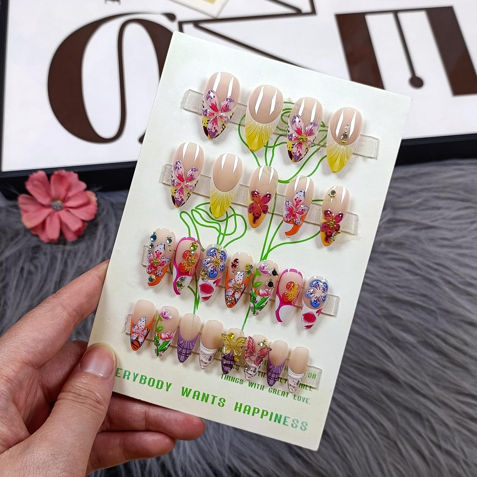 Tropical Flower 3D False Nails With Tools, Vibrant Summer Colorful Butterfly …