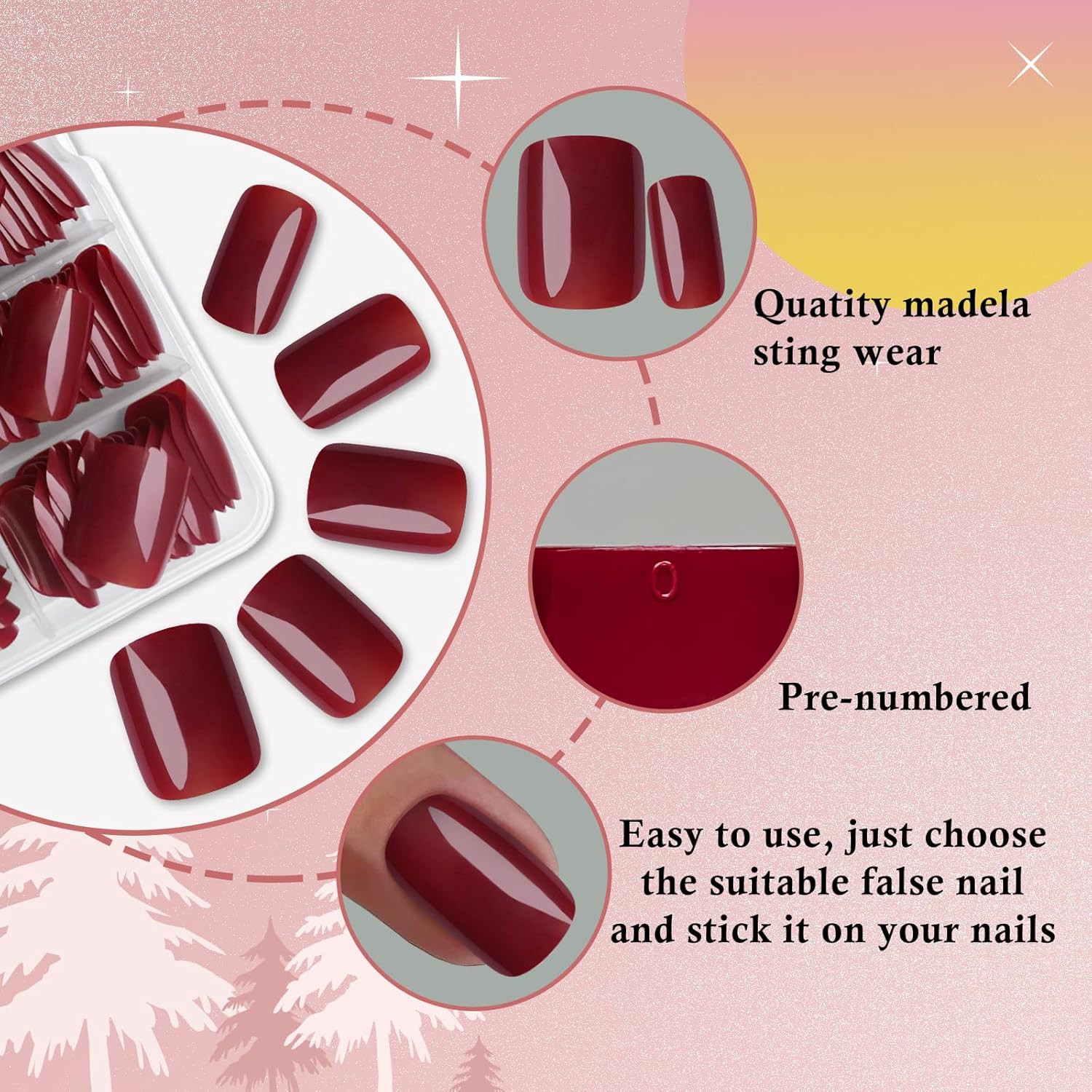 240pc Deep Red Press on Nails Short Fake Nails Square Presson Nail Tips, Glue on