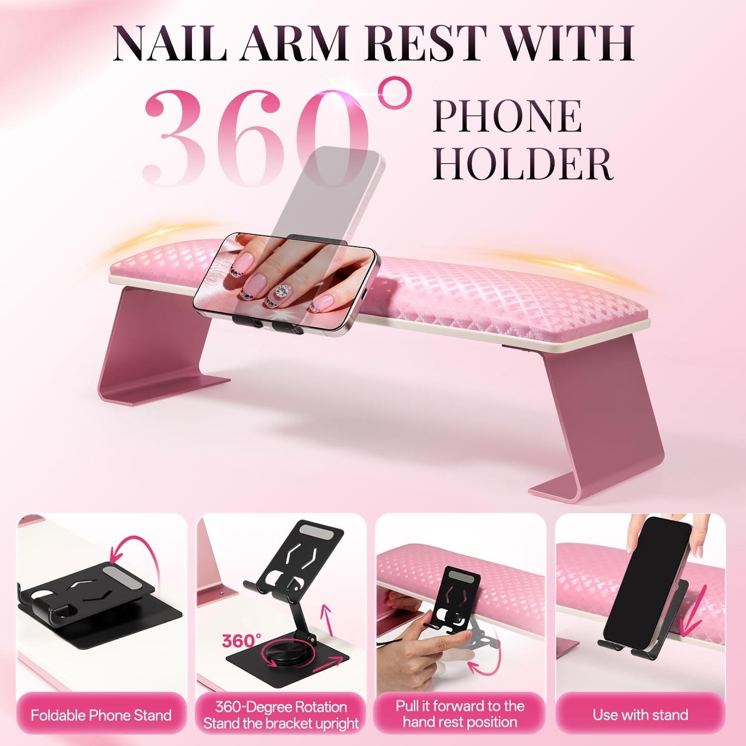 Metal Nail Arm Rest with Holder, Leather Hand Pillow