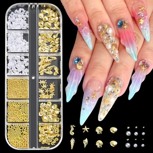Summer Nail Charms 3D Steel Studs Metal Art Charms Pearls Seashell white