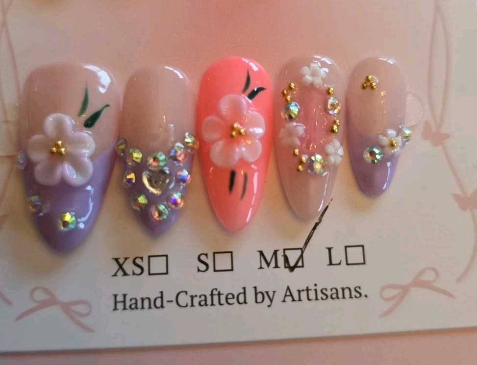 Gorgeous 3D Set Press-On Nails Pink Purple Floral 1″ (2.5 Cm) Medium Width