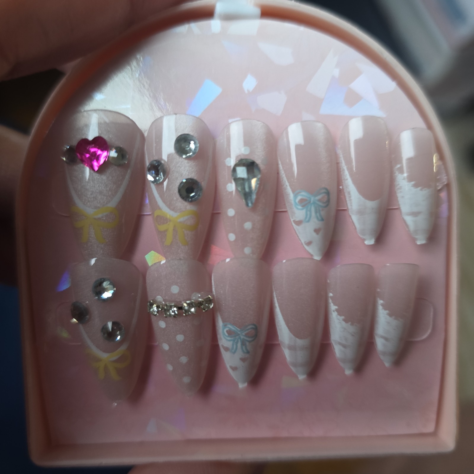 Luxury Press On Nails Lot of 6 Premium 3D Rhinestone Heart Bow Nail Art Kit