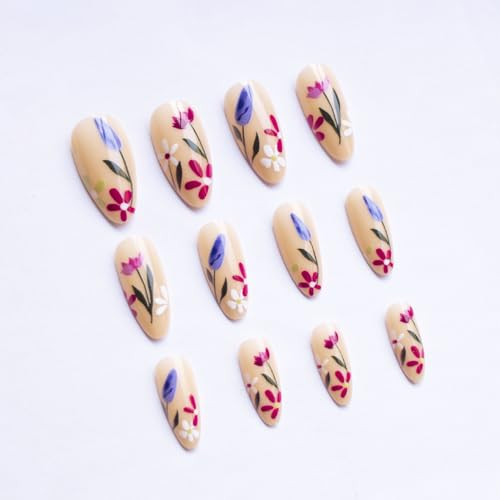 Flower Press on Nails Short Almond SWEKKE Nude Fake Nails False Almond Nails32