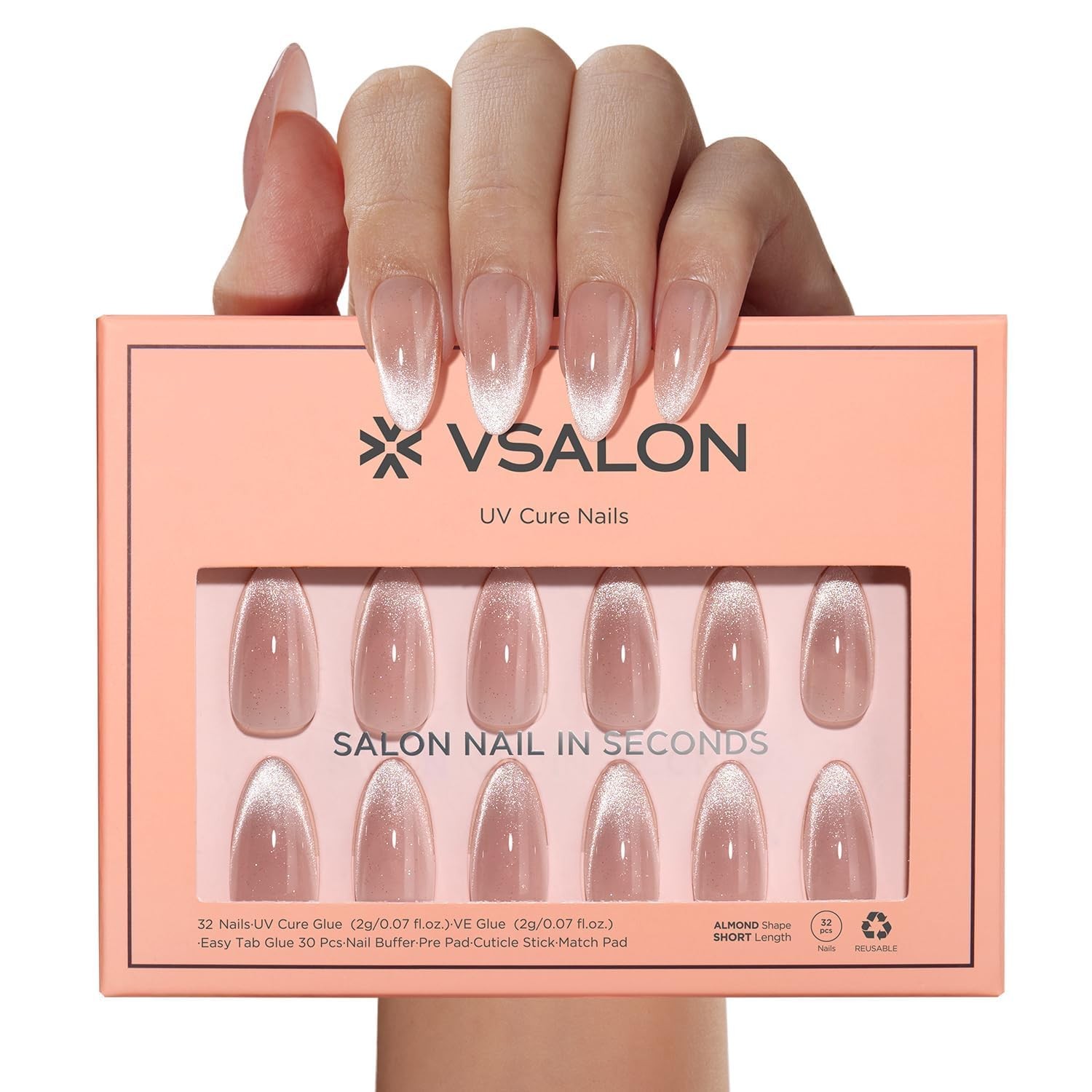 VSALON Cat Eye Press On Nails, Medium Almond, Pink Shimmer, Reusable