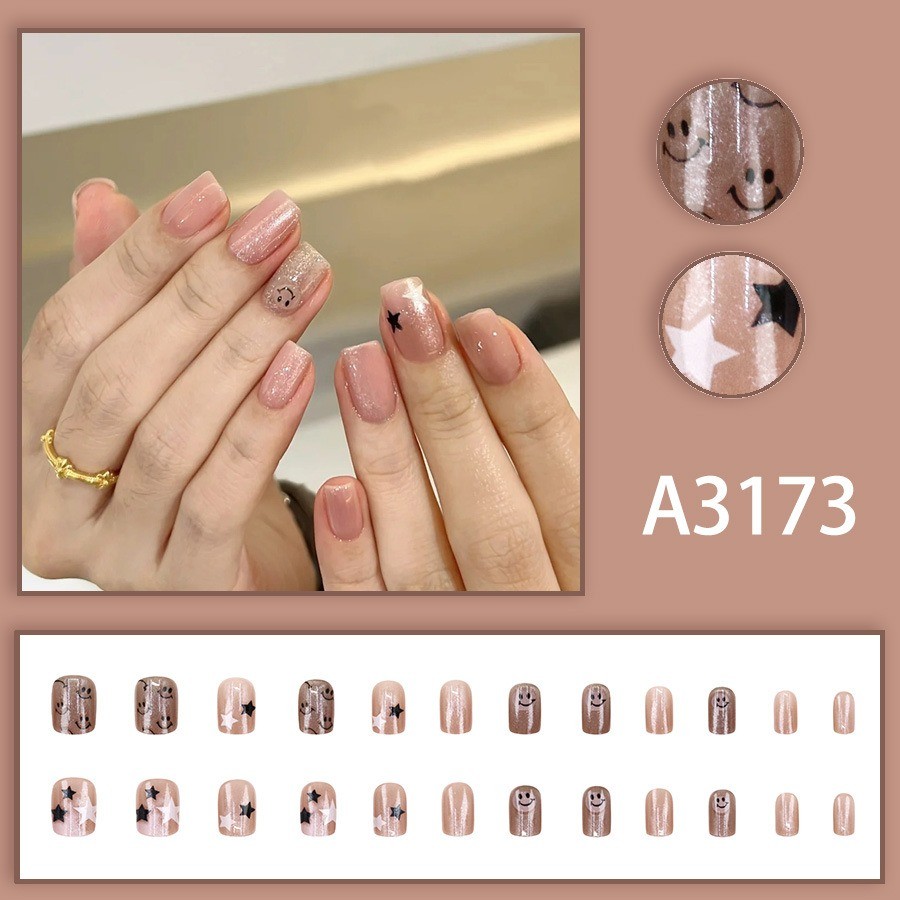 48 Pcs Star Smiley Press on Nails, Short Square Pink Cat Eye Daily Fake Nails