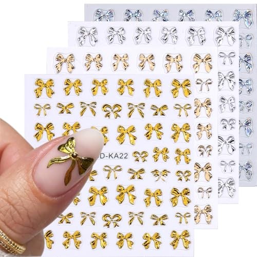 Metalic Gold Silver Bow Charms – 5D Embossed Stickers for Nails – 4PCS