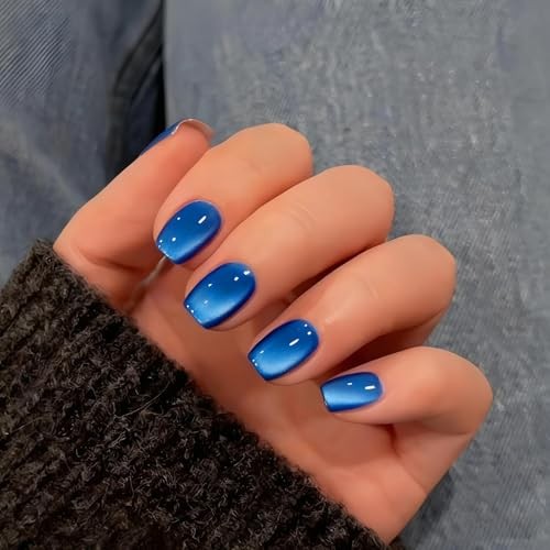 Royal Blue Cat Eye Press on Nails Short – 30 Pcs – 15 Sizes – Glass – Royal Blue