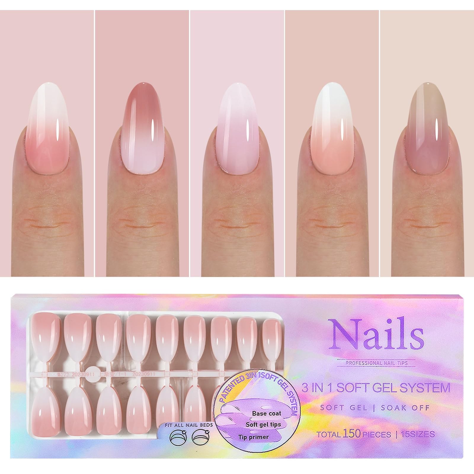 150Pcs Nude White Ombre Press on Nails Medium Almond Fake 0812, 0812-032