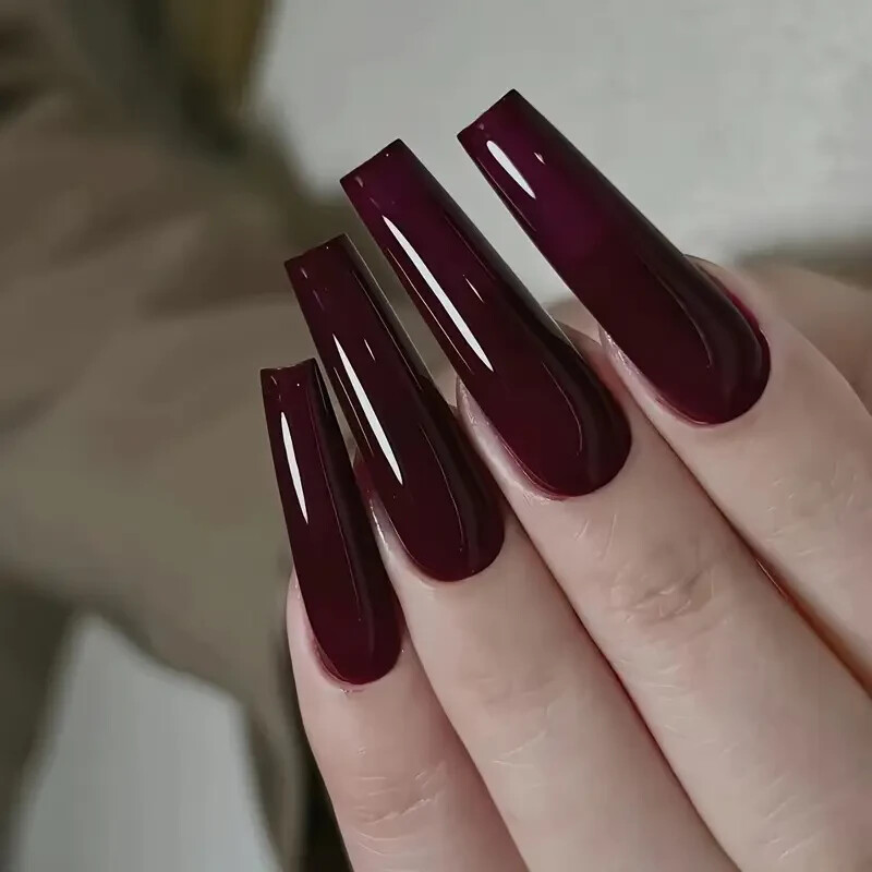 24pcs Solid Glossy Ballet Shape Alcohol-Free Wine Red Long Trendy Nail Art