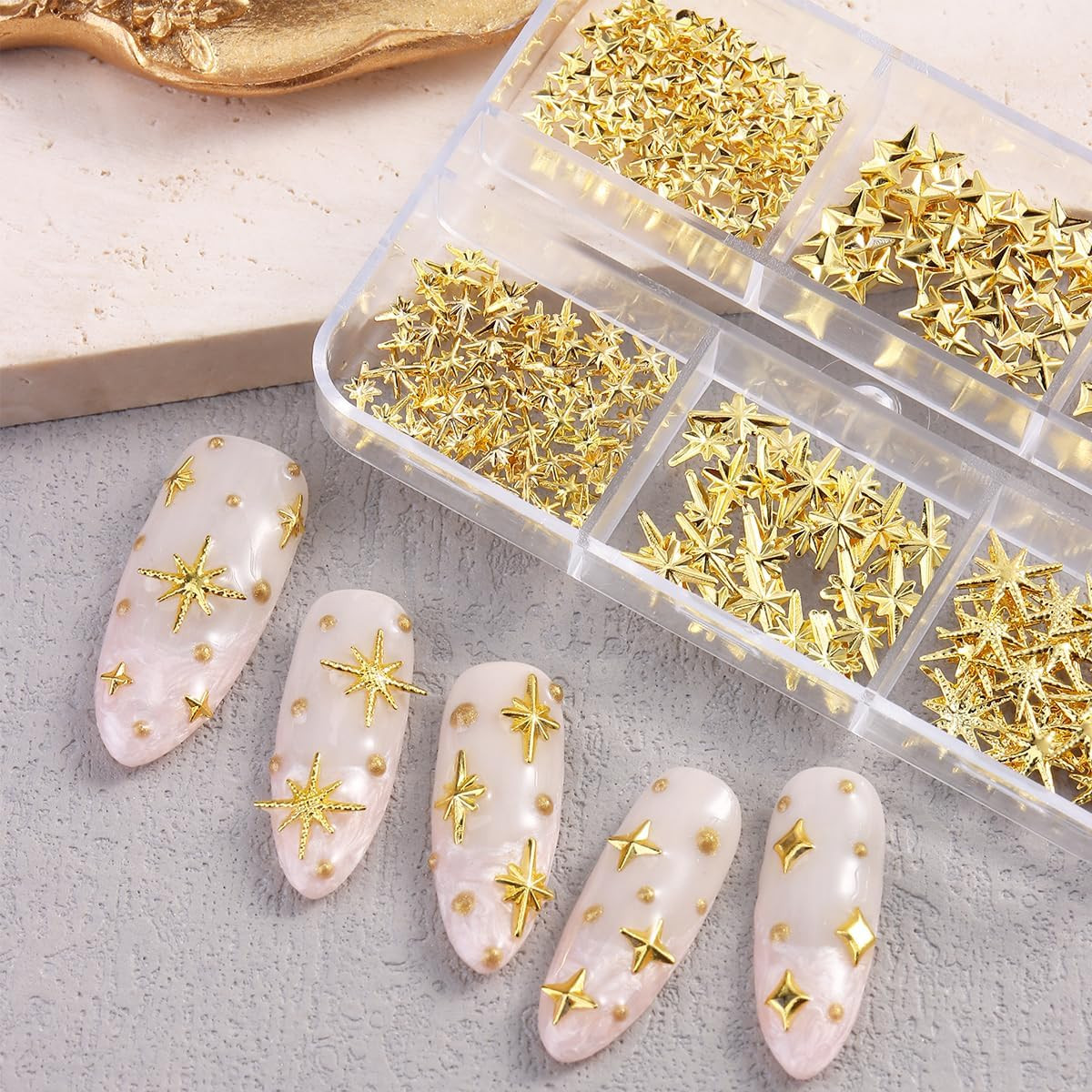 Star Nail Charms, 2 Boxes Gold Nail Charms Twinkle Stars Rose Flowers Cross Meta