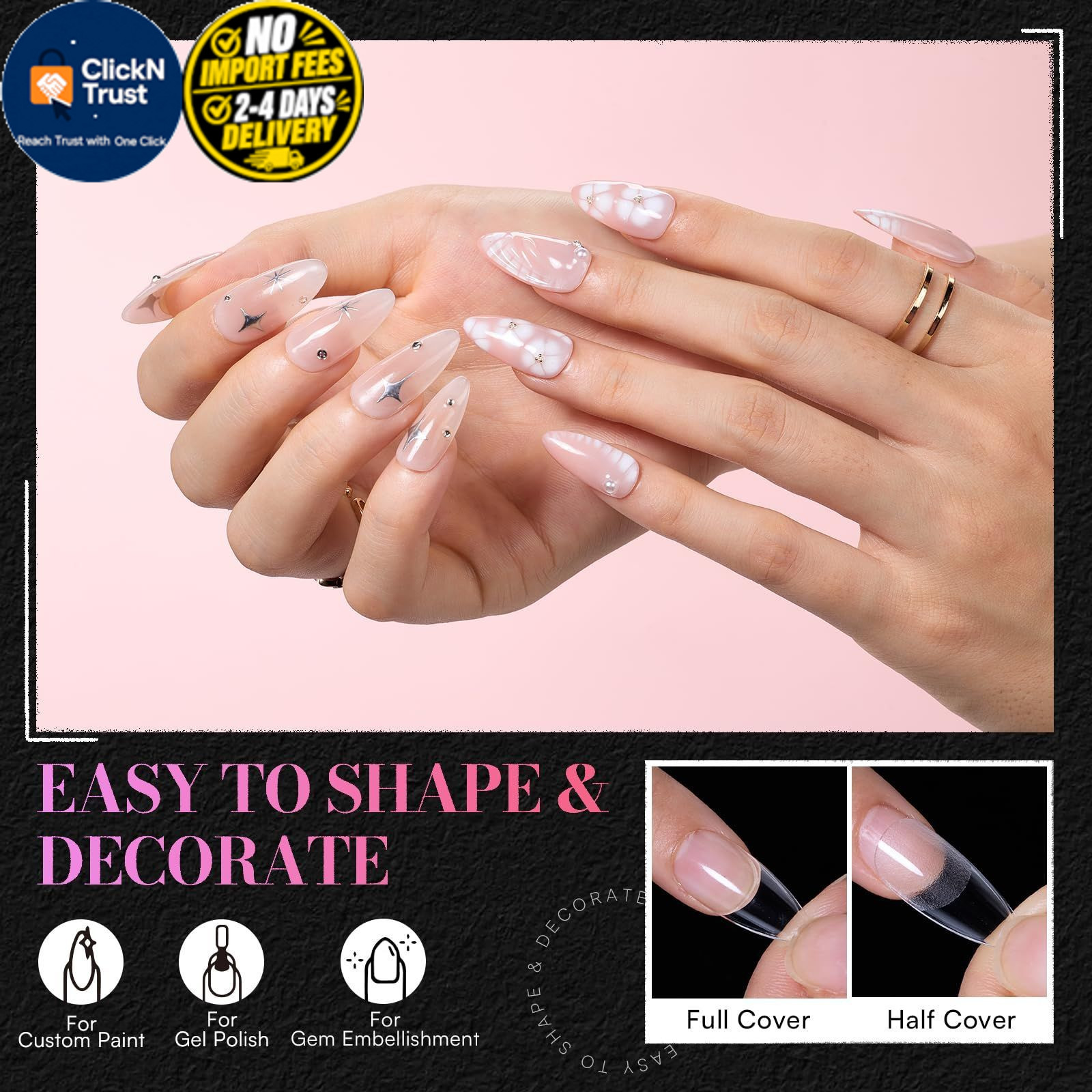 Makartt Medium Almond Nail Tips: 240PCS, 15 Sizes, Half Medium-Long, Clear