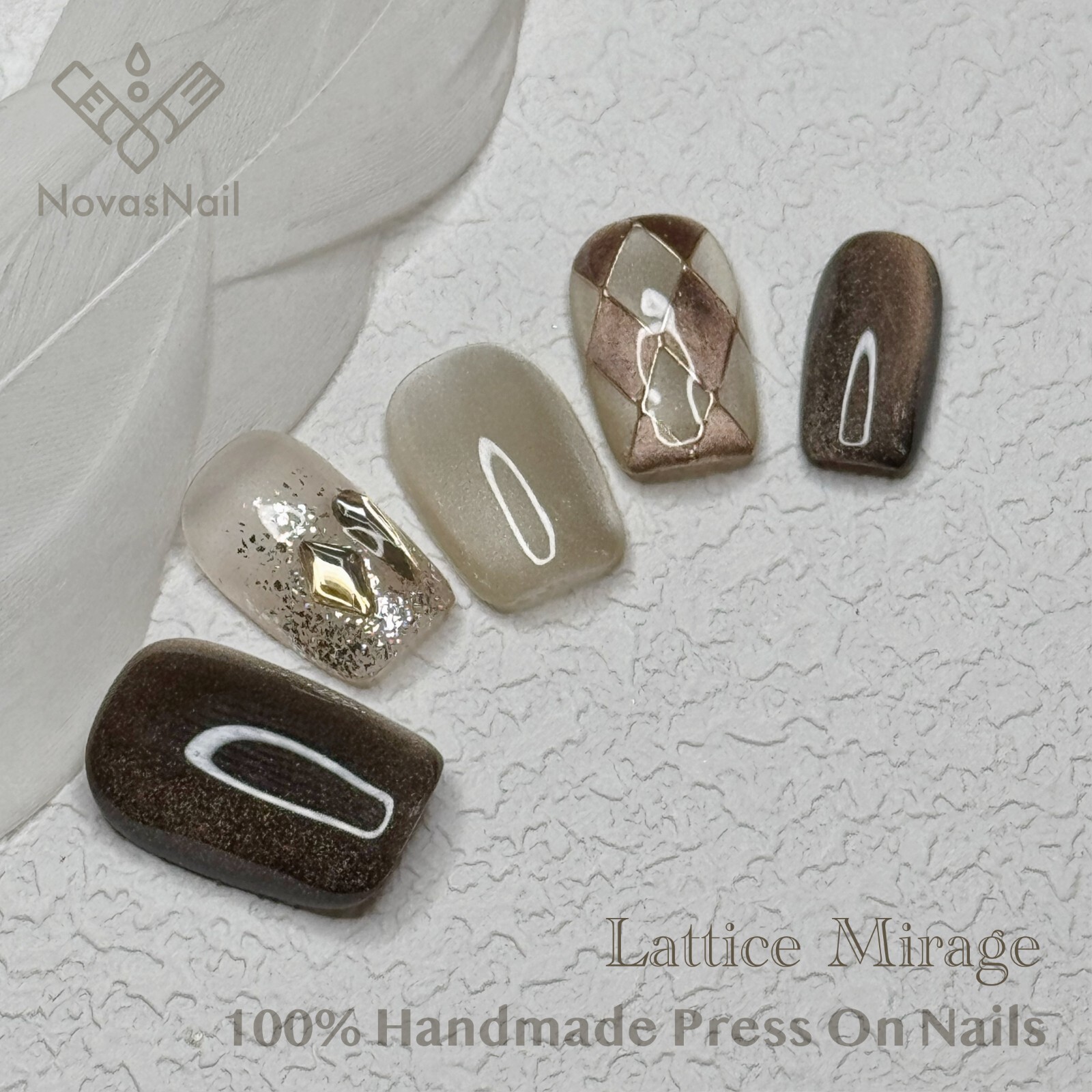 Lattice Mirage Cat Eye Press-On Nails | Duan Fang Square Shape | Handmade
