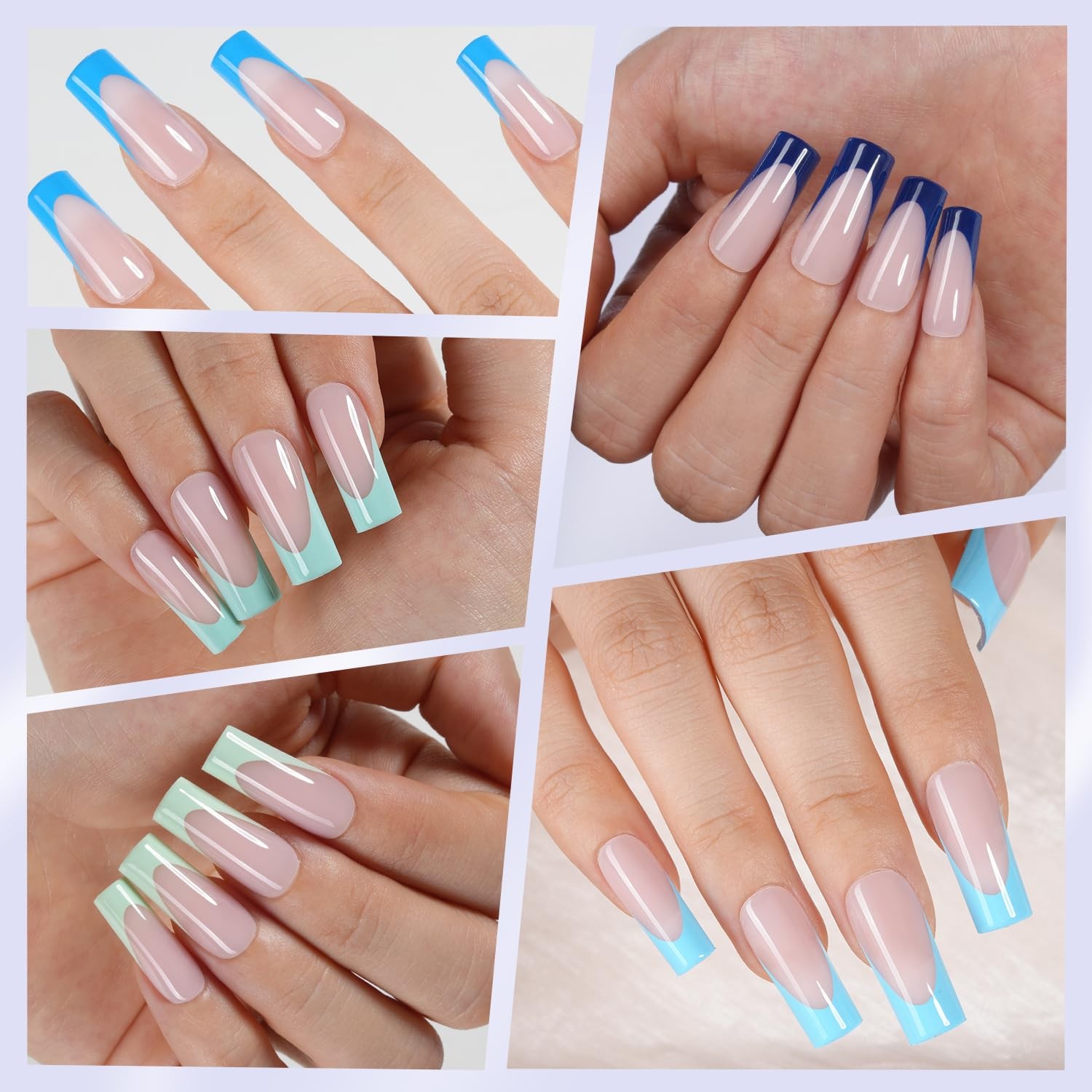 Misssix Blue French Tip Press on Nails, 150Pcs, Long Square Fake Nails