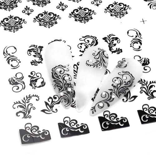 12 Sheets Black Nail Art Stickers 3D Self Adhesive Black Flower Nail Style 3
