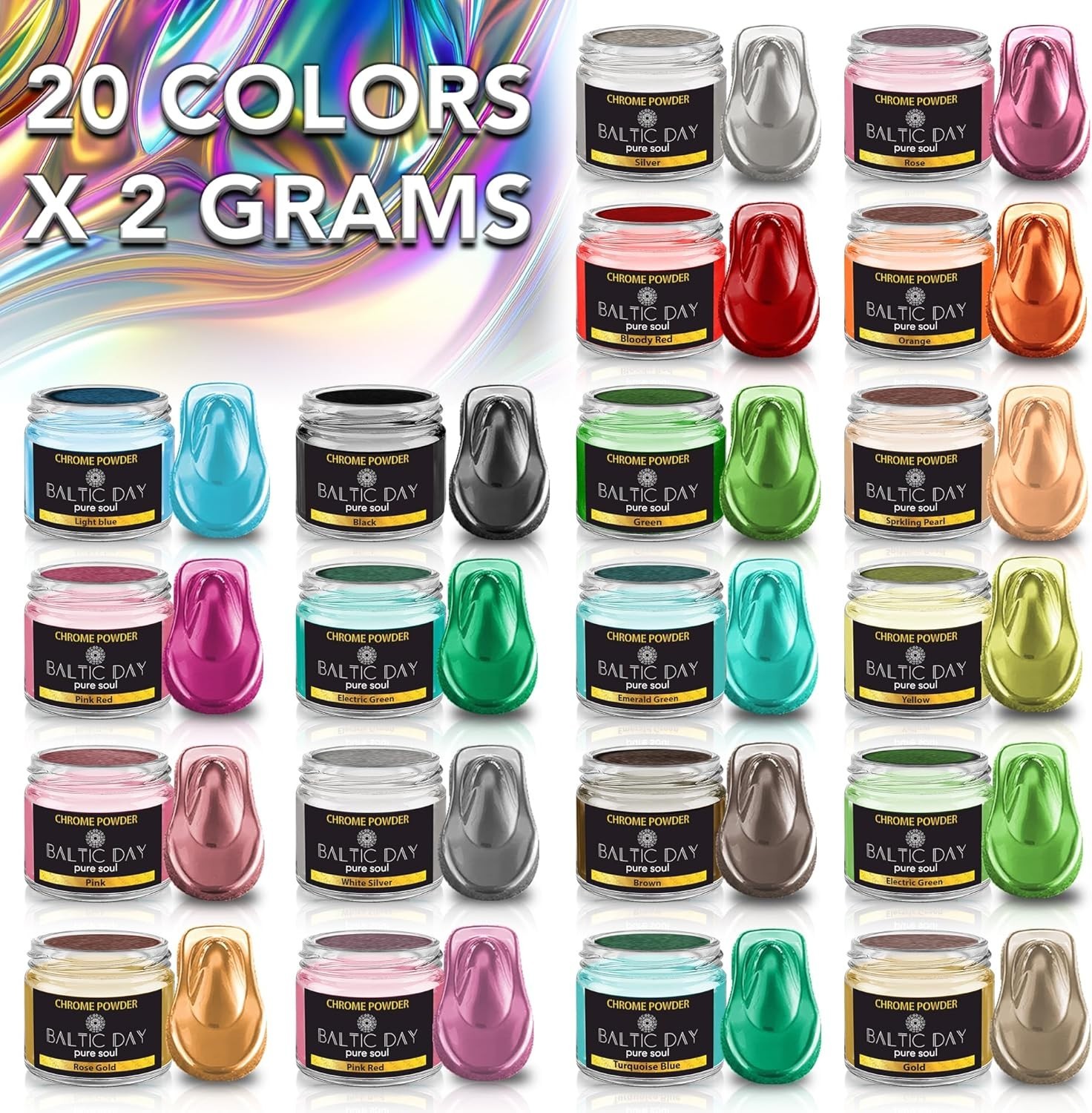 Chrome Pigment Powder Set 20 Vibrant Colors Non Toxic for Nail and Resin Art