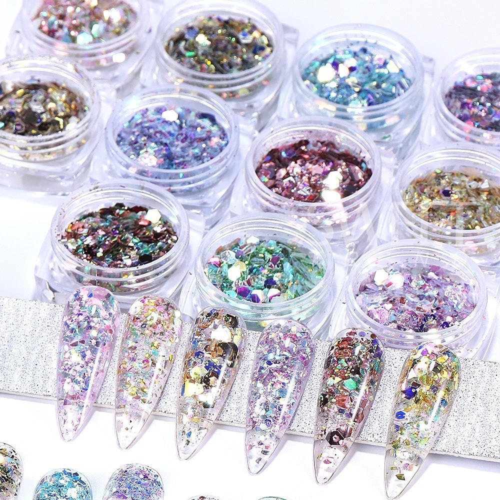 6PCS Chrome Mirror Nail Powder Set Gold Silver Holographic Aurora Pigment