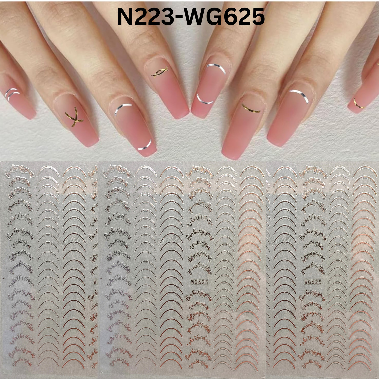 Elegant Rose Gold French Tip & Motivational Text Nail Art Stickers