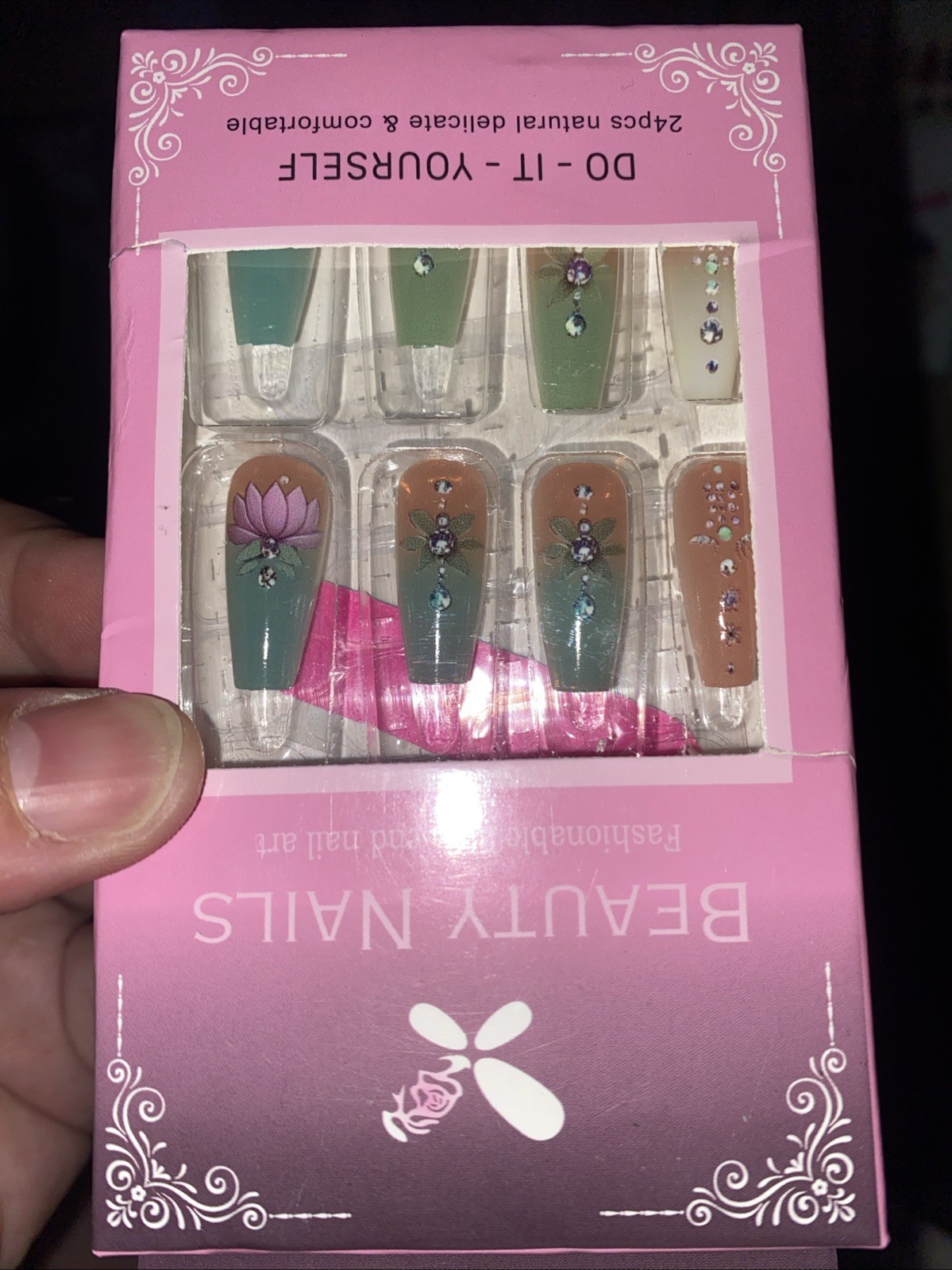 24pcs Water Lily Blue Pink Floral Nail Tips Boxed Glue & Tabs Princess Gradient