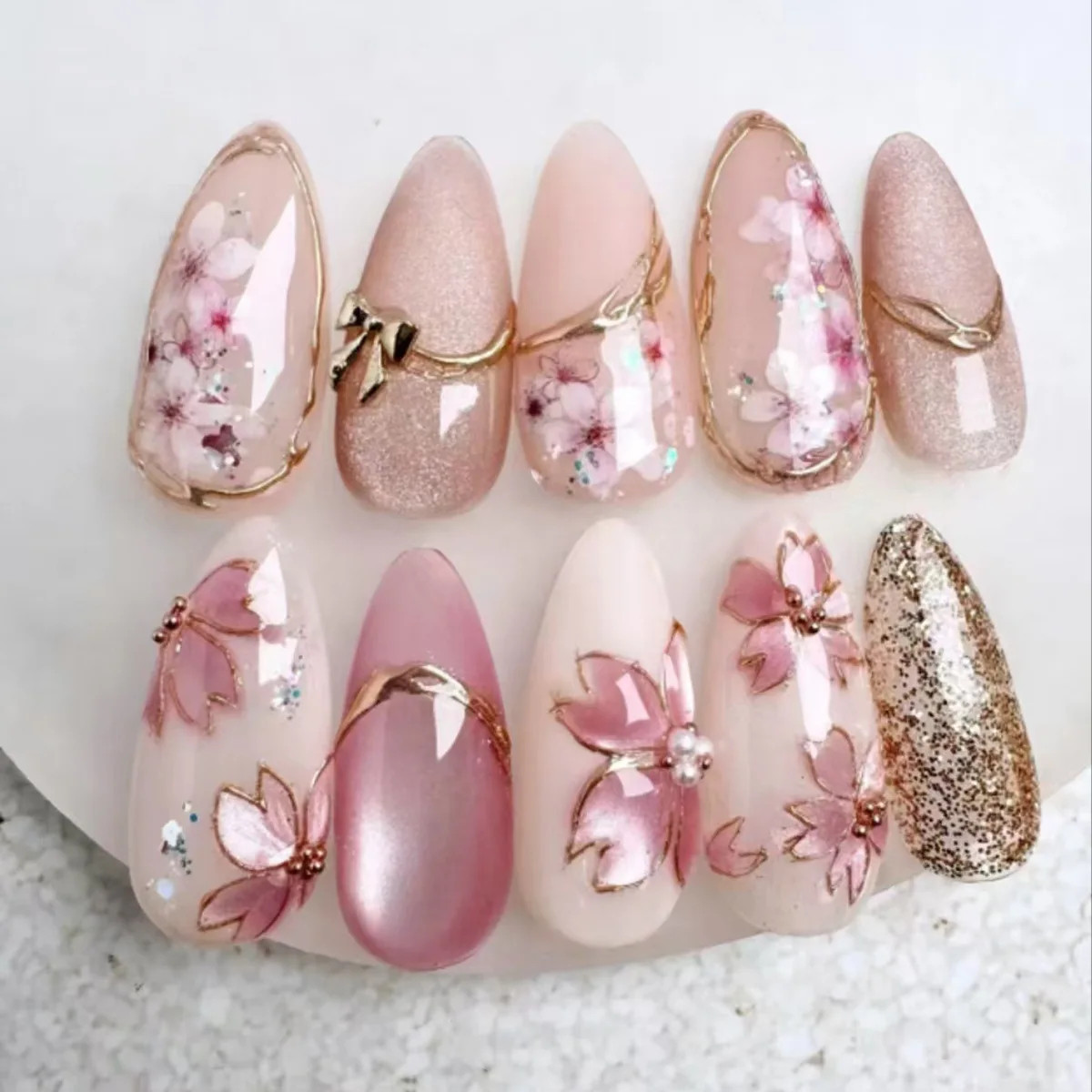 30pcs French Press on Nails:3D Flower Pearl Bow Almond Fake Nails