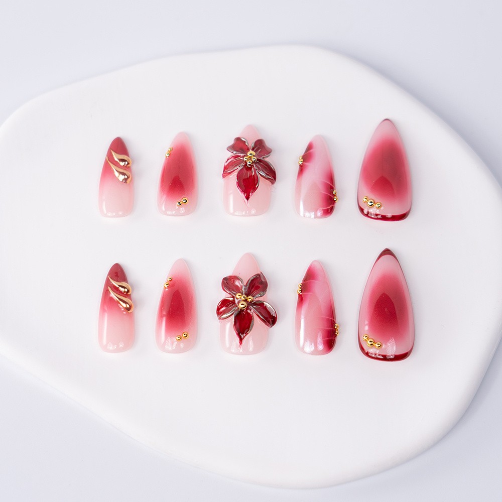 Handmade High Quality Almond Press On Nails Pink Red Gradient Fake Nails S-L