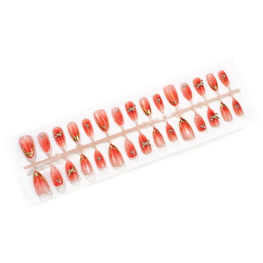 60Pcs-Long Almond Red Cat Eye Gradient Gold Bow Star Rhinestone Press on Nails