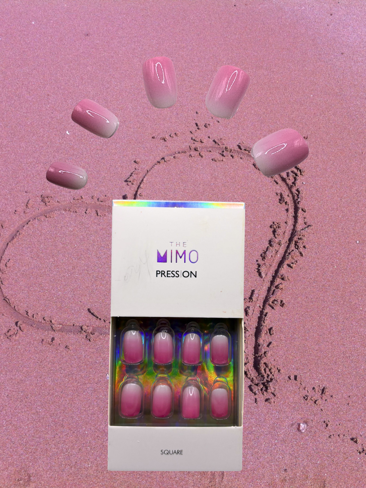 MIMO Press-On Nails Square – Pink to White Ombre Gradient, 24pcs Reusable Set