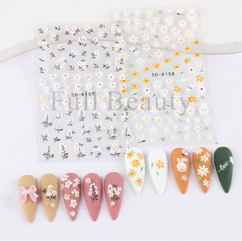5D Embossed White Love Flower Bunny Daisy Fingers Toe Nail Art Stickers NS25