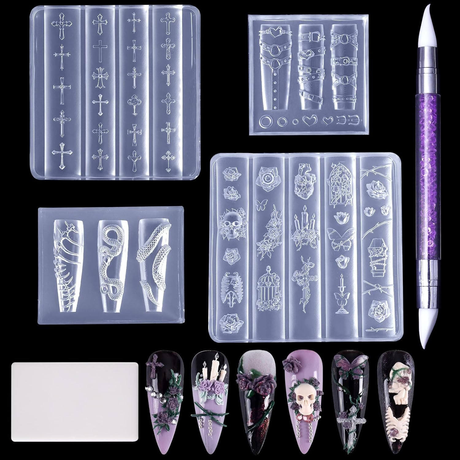 4Pcs Gothic Silicone Nail Art Molds, 3D Rose, Snake, Bones, Cross, Collar, Skull