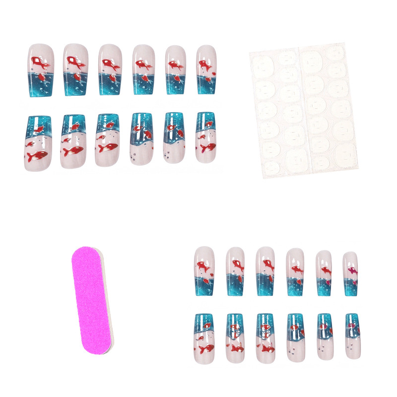 48Pcs Gradient Goldfish Coffin Press on Nails, Dreamy Creative Summer Fake Nails