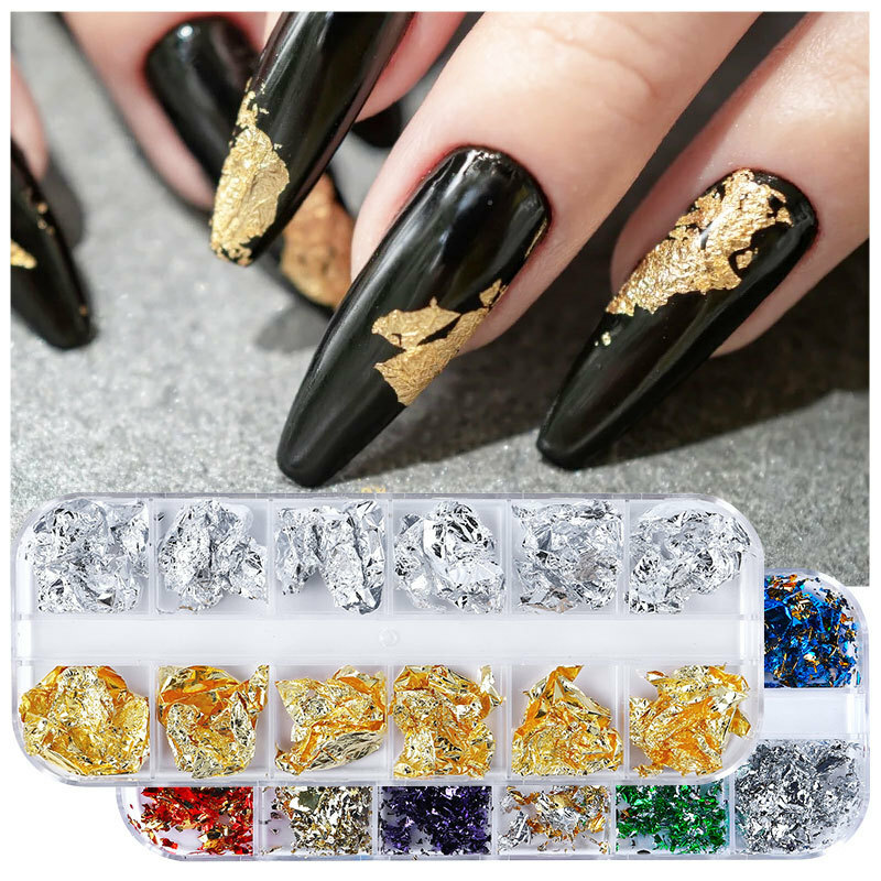 12 Grids Nail Art Gold Silver Foils Paillette Chip Flakes Wraps Decor Nails Tips