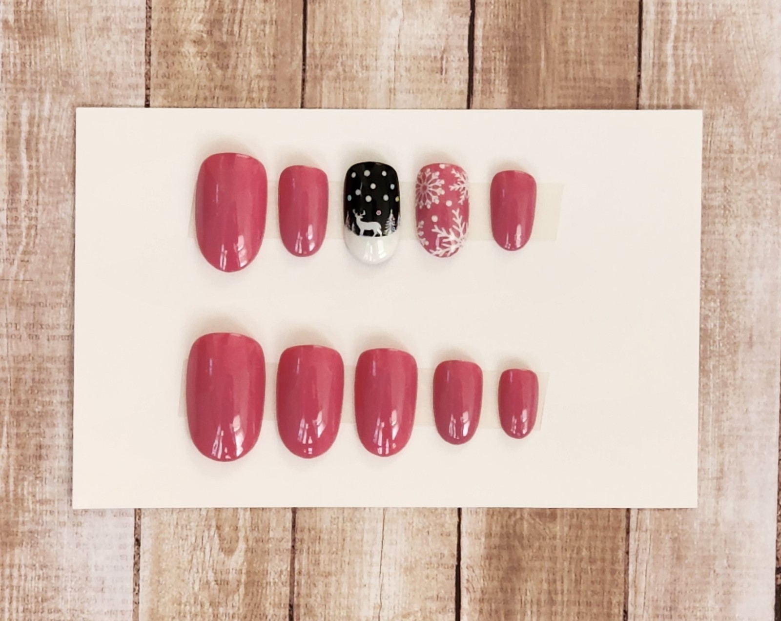 Custom Press On Gel Nails Handmade Pink Black Deer Snowflake Oval Short 20 Tips