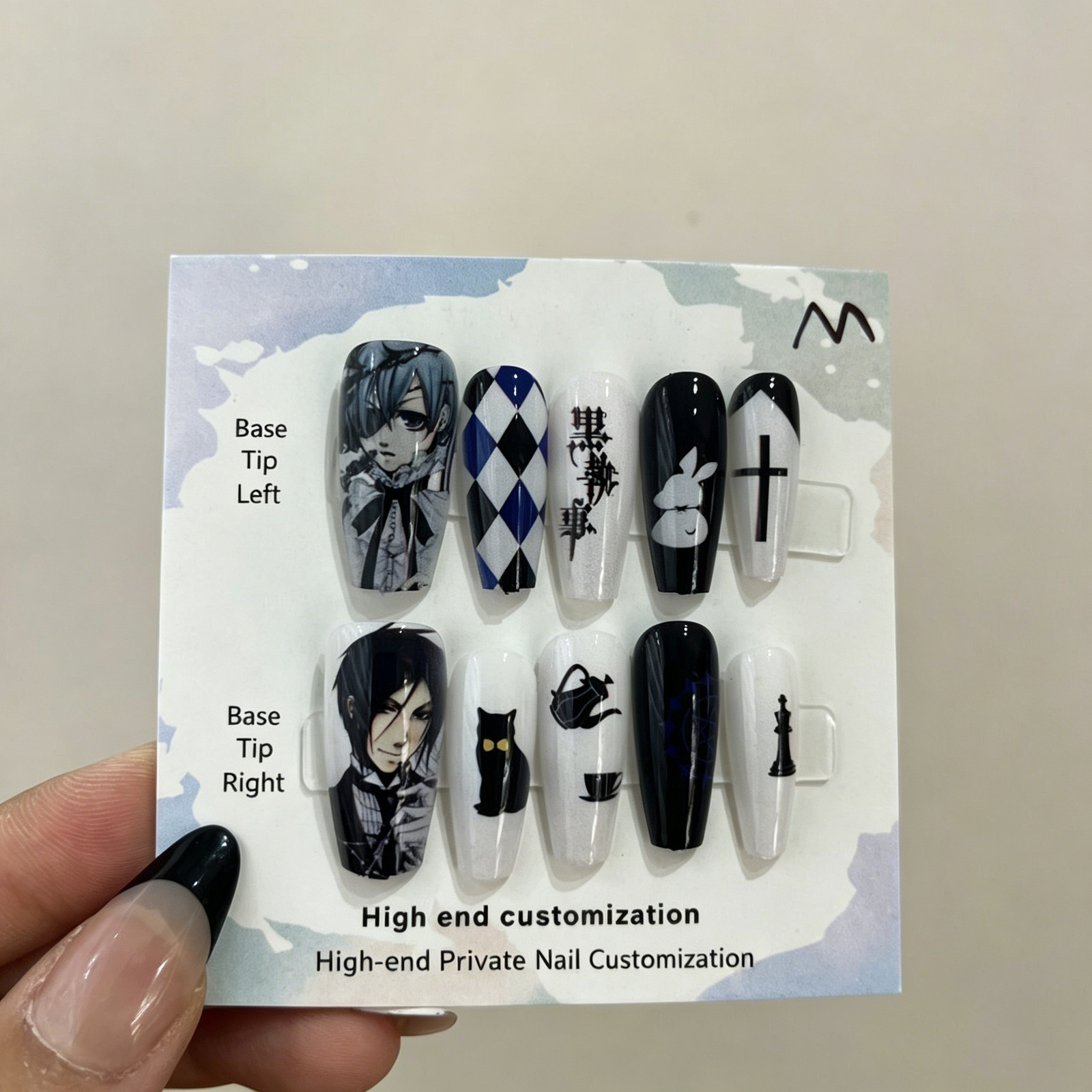 Black Butler Medium Almond Press On Nails, Anime Cartoon Nail Art Merchandise, C