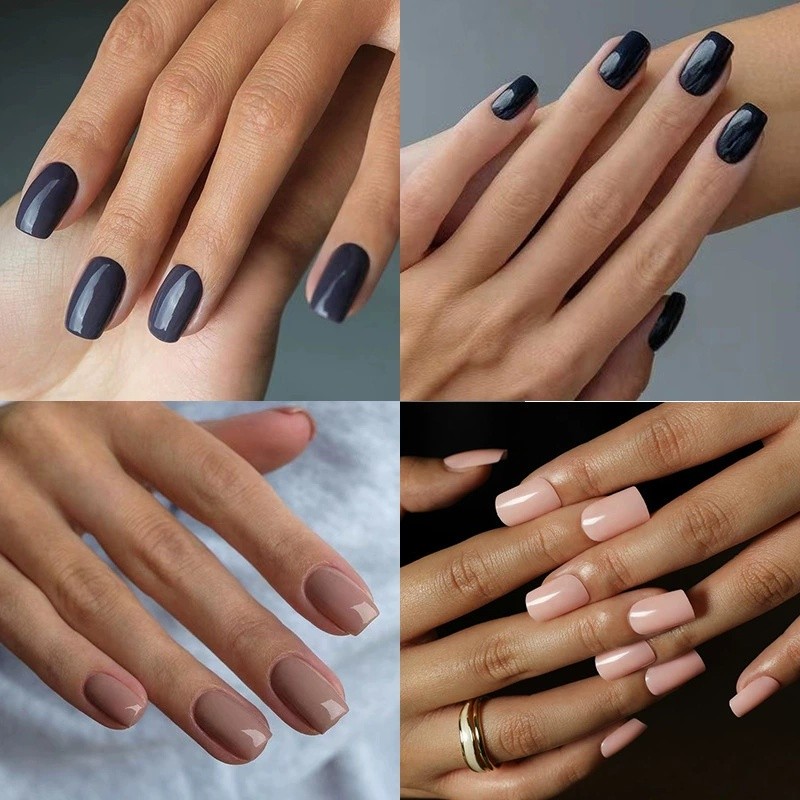 24Pcs Glossy Nude Square Press On Nails Full Cover False Nails Reusable