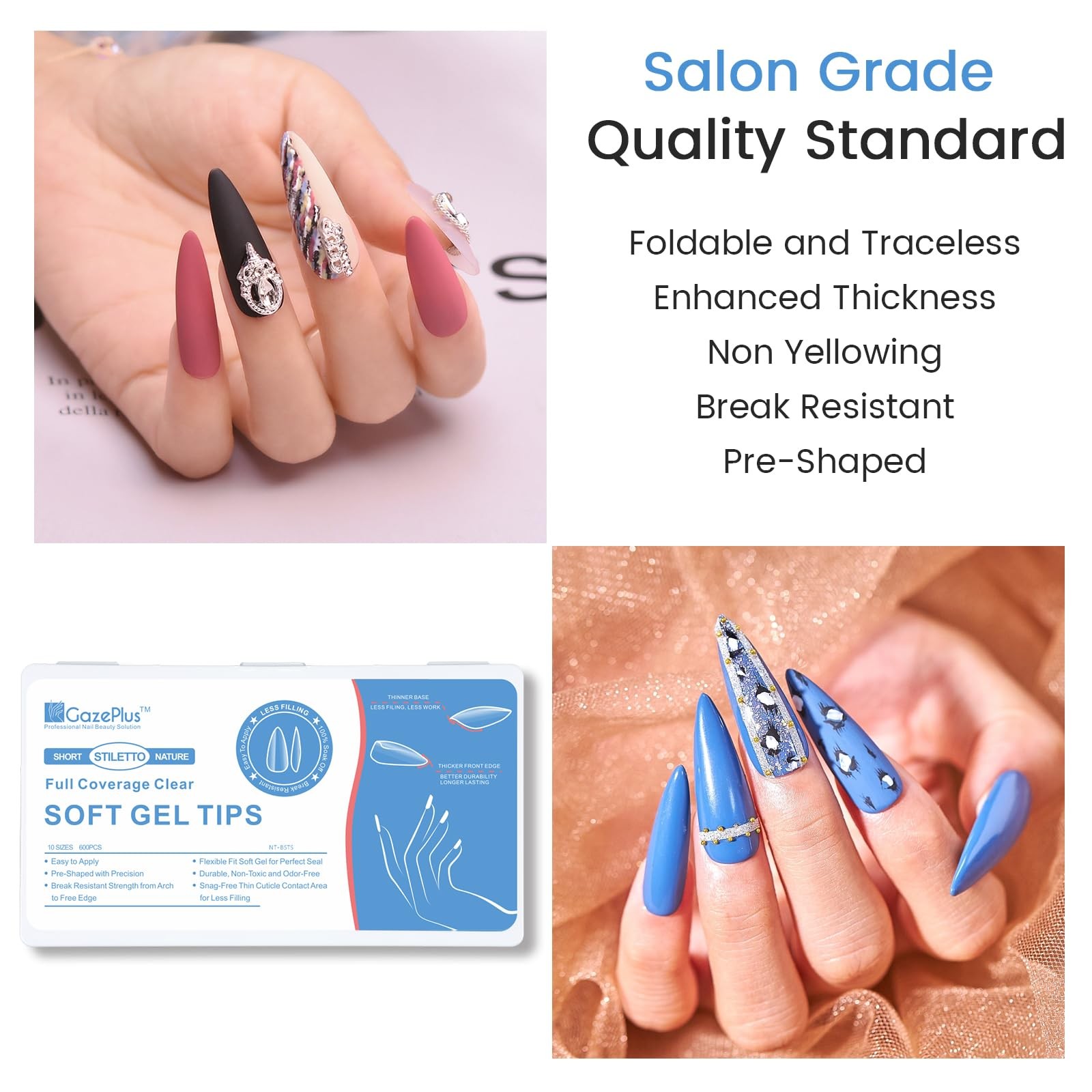 Nail Tips, 600Pcs 10-size Short Stiletto Fake Nail Tips, Full Coverage Clear …