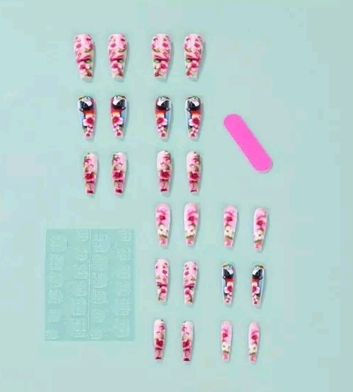 Vibrant Parrot & Floral 3D Press-On Nails – Long Coffin Shape, Glossy Finish💗